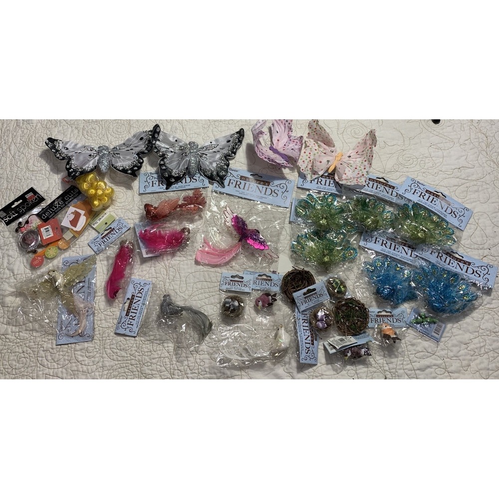 Vintage Birds Crafts Large Lot Decorations Nests Butterflies Peacock Fancy Birds
